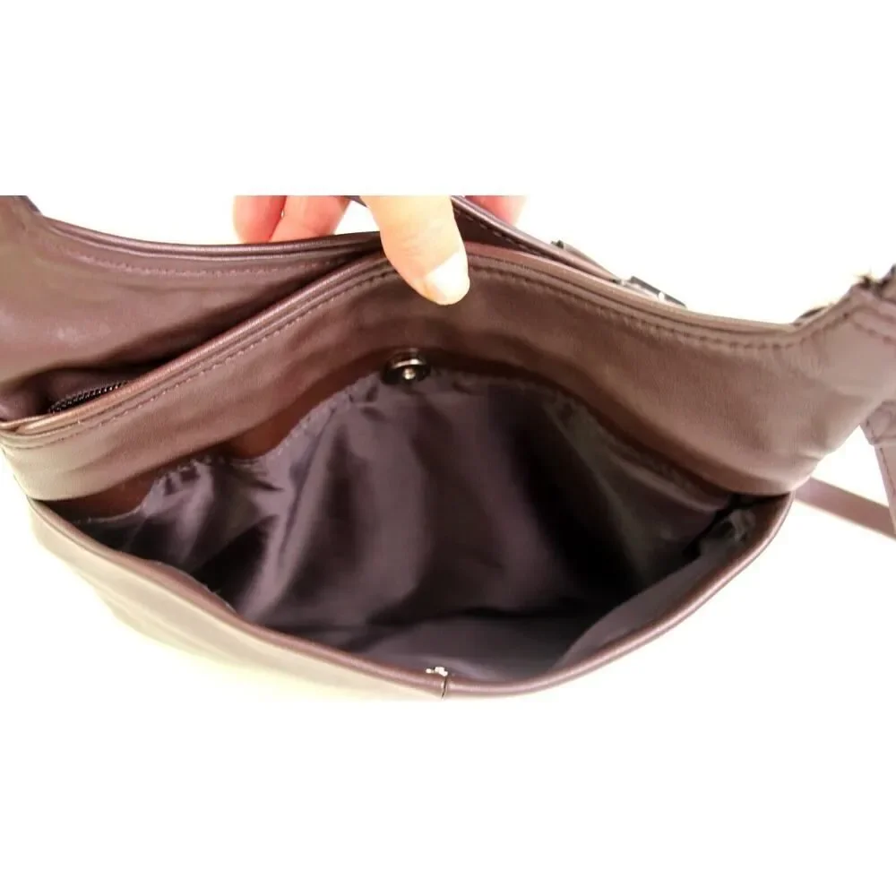 ROOMY DARK BROWN GENUINE LEATHER ZIP X-BODY MESSENGER SHOULDER BAG HANDBAG PURSE